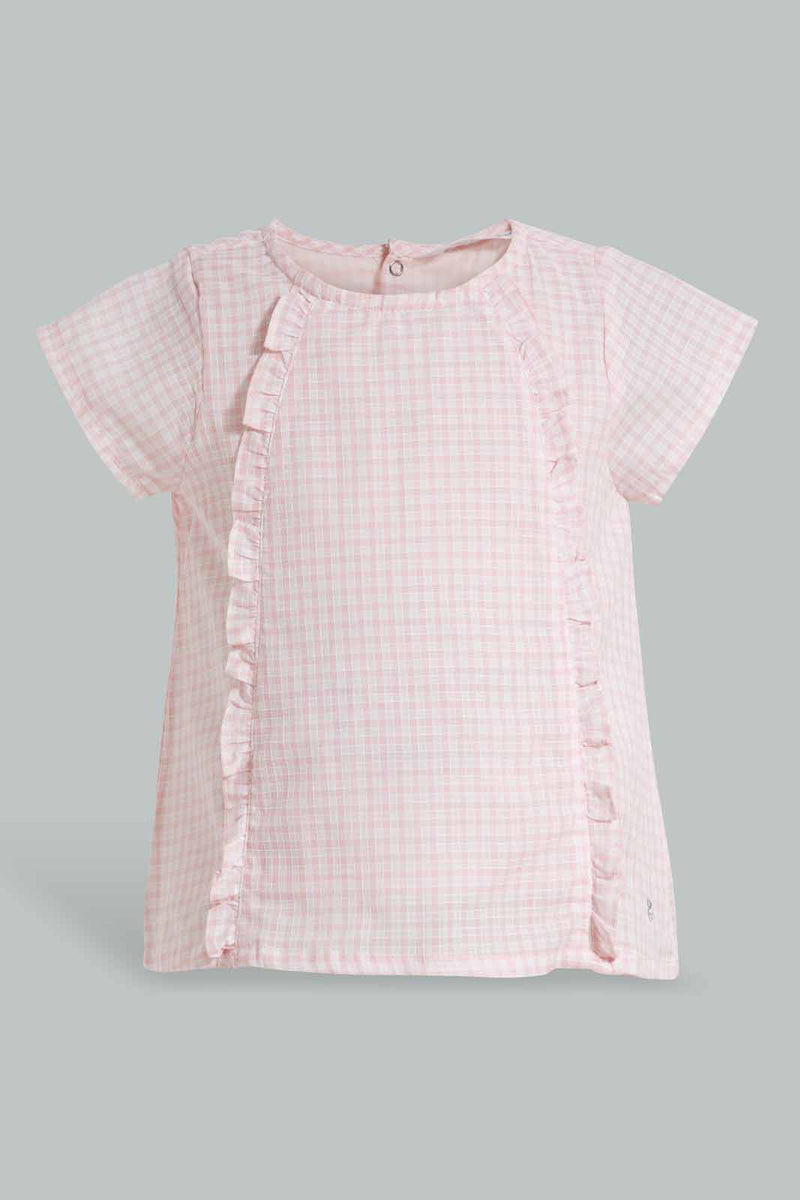 Redtag-Pink-Gingham-Checks-Front-Frills-Blouse-Blouses-Infant-Girls-3 to 24 Months