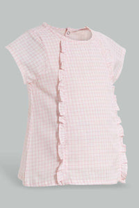 Redtag-Pink-Gingham-Checks-Front-Frills-Blouse-Blouses-Infant-Girls-3 to 24 Months