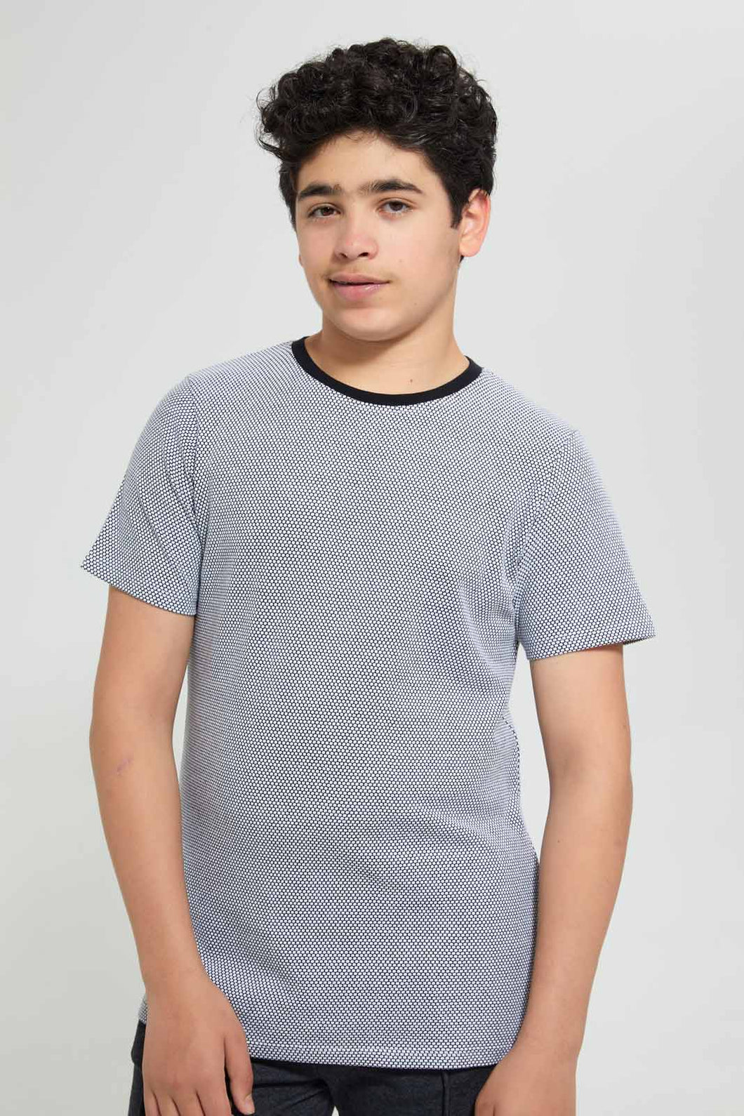 Redtag-Black-Jacquard-Plain-Tee-Plain-T-Shirts-Senior-Boys-9 to 14 Years