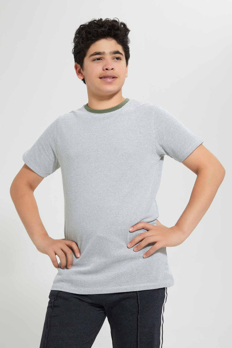 Redtag-Olive-Jacquard-Plain-Tee-Plain-T-Shirts-Senior-Boys-9 to 14 Years