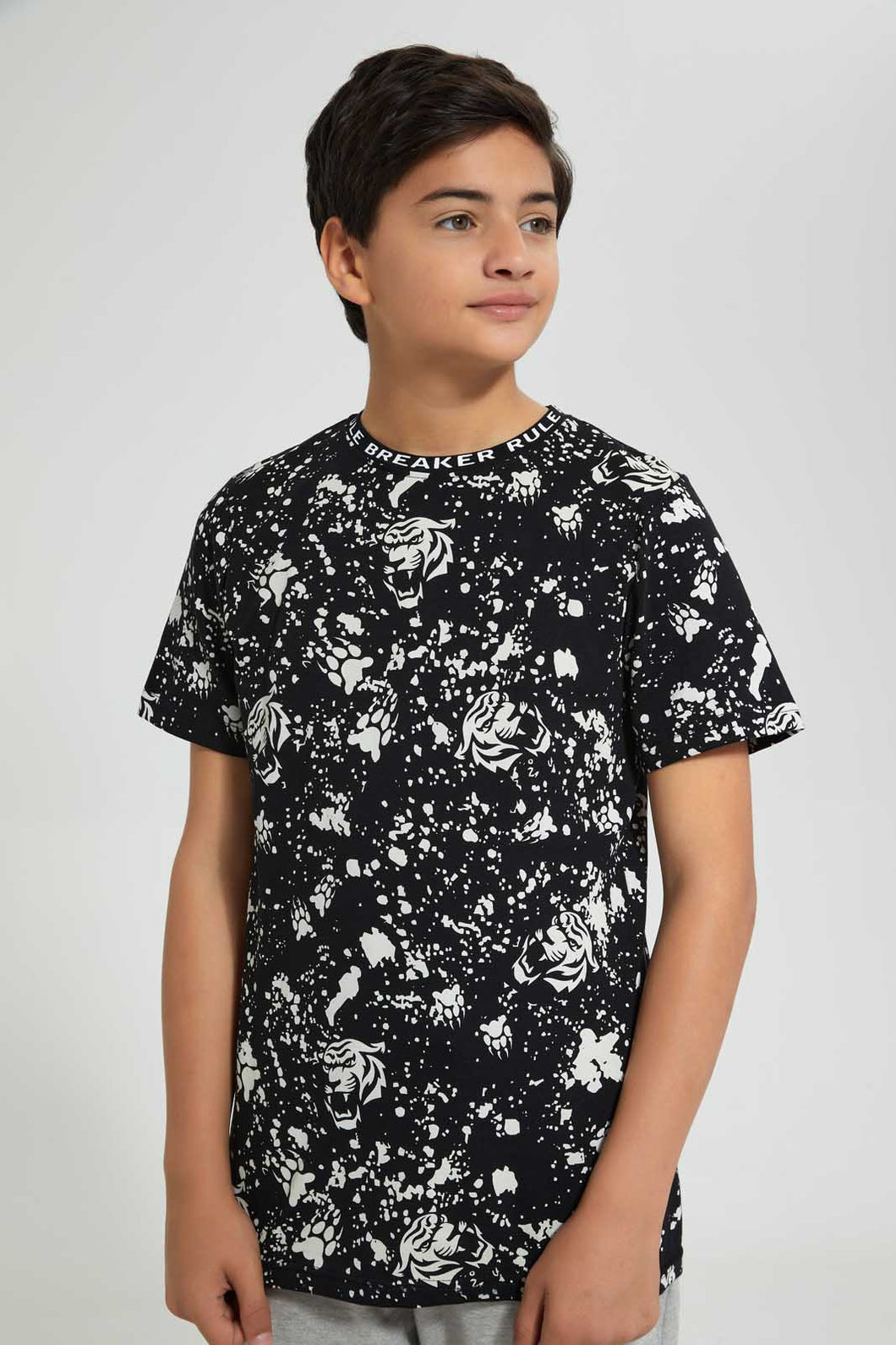 Redtag-Black-Bsr-Splatter-Tiger-Tee-Graphic-T-Shirts-Senior-Boys-9 to 14 Years