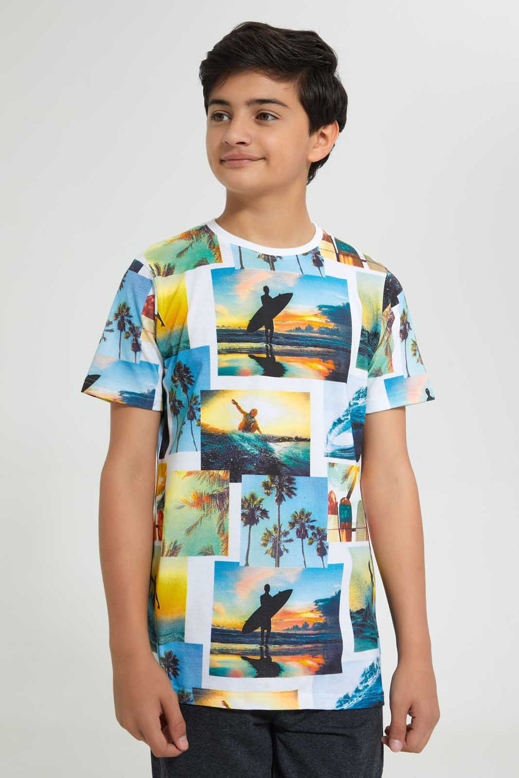 Redtag-White-Bsr-Aop-Surfing-Tee-All-Over-Prints-T-Shirts-Senior-Boys-9 to 14 Years