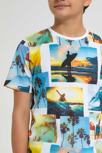 Redtag-White-Bsr-Aop-Surfing-Tee-All-Over-Prints-T-Shirts-Senior-Boys-9 to 14 Years