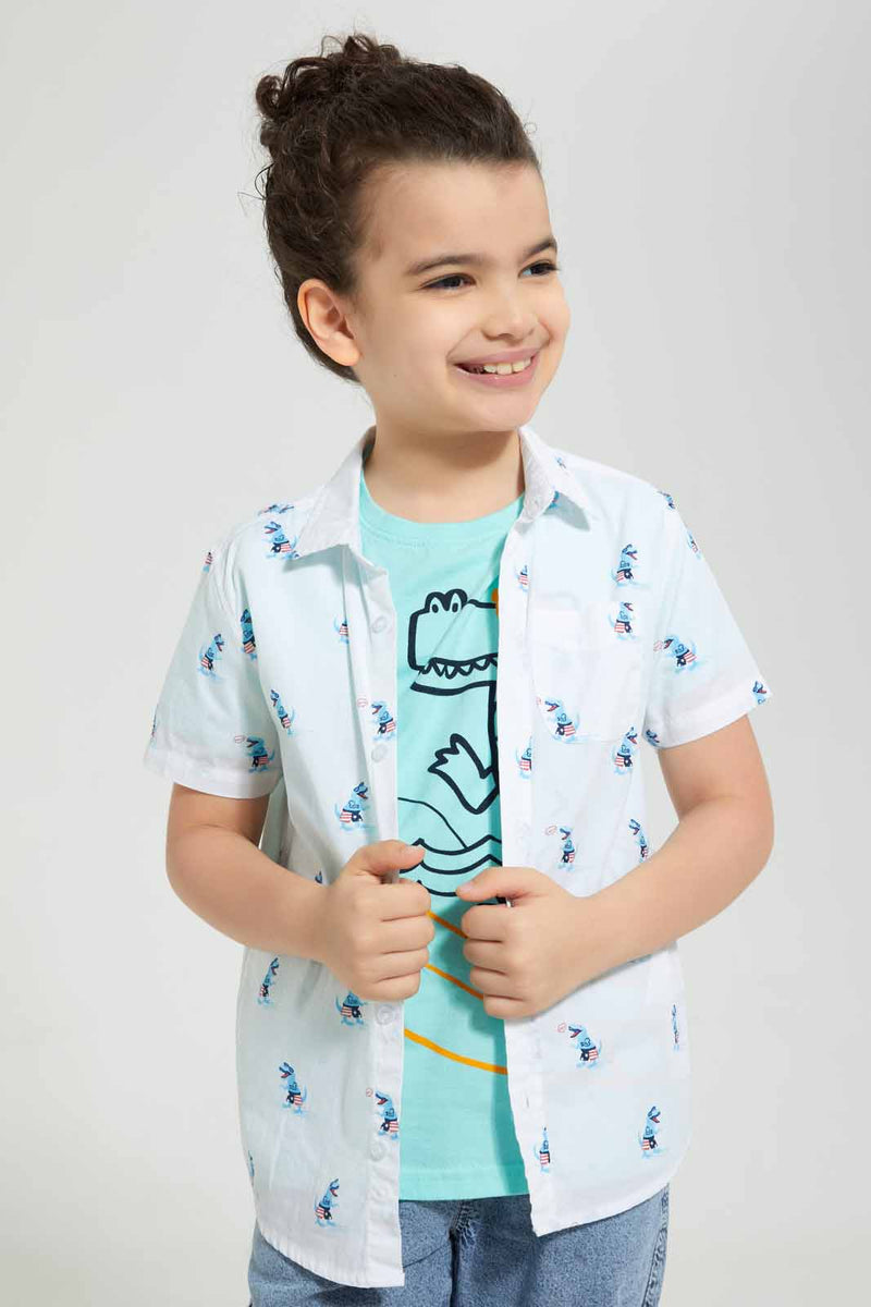 Redtag-White-Plane-Print-Shirt-And-T-Shirt-Set-Casual-Shirts-Boys-2 to 8 Years