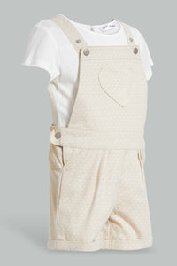 Redtag-Beige-Aop-Dungaree-Shorts-Set-Category:Sets,-Colour:Beige,-Filter:Infant-Girls-(3-to-24-Mths),-ING-Sets,-New-In,-New-In-ING,-Non-Sale,-S22D,-Section:Kidswear-Infant-Girls-3 to 24 Months