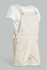 Redtag-Beige-Aop-Dungaree-Shorts-Set-Category:Sets,-Colour:Beige,-Filter:Infant-Girls-(3-to-24-Mths),-ING-Sets,-New-In,-New-In-ING,-Non-Sale,-S22D,-Section:Kidswear-Infant-Girls-3 to 24 Months