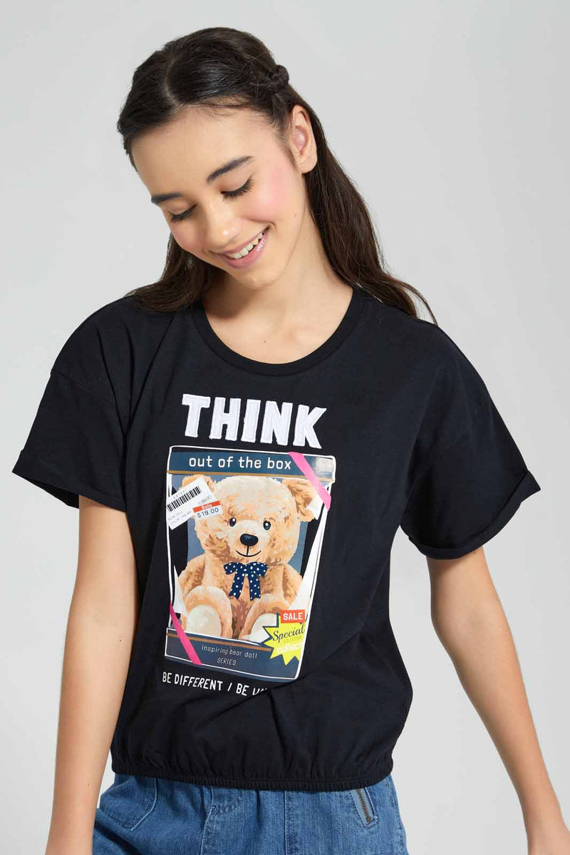 Redtag-Black-Casual-T-Shirt-Category:T-Shirts,-Colour:Black,-Filter:Senior-Girls-(9-to-14-Yrs),-GSR-T-Shirts,-New-In,-New-In-GSR,-Non-Sale,-S22D,-Section:Kidswear,-TBL-Senior-Girls-9 to 14 Years