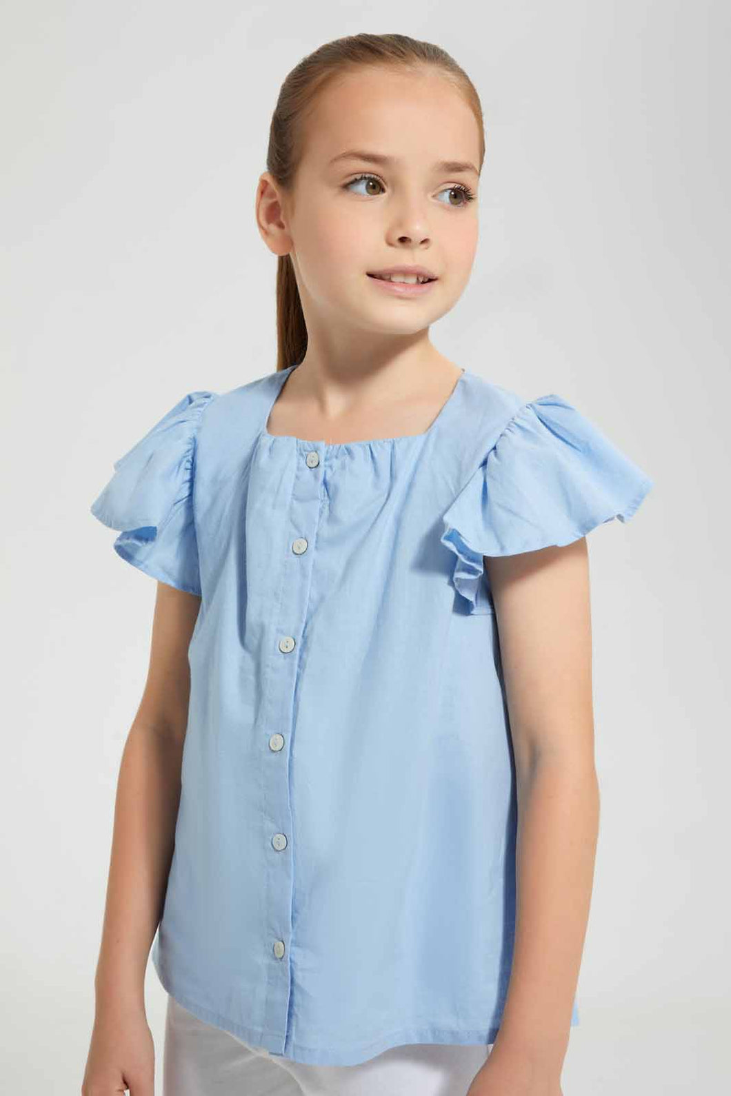 Redtag-Blue-Button-Front-Blouse-Blouses-Girls-2 to 8 Years