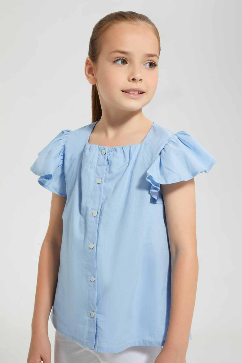 Redtag-Blue-Button-Front-Blouse-Blouses-Girls-2 to 8 Years