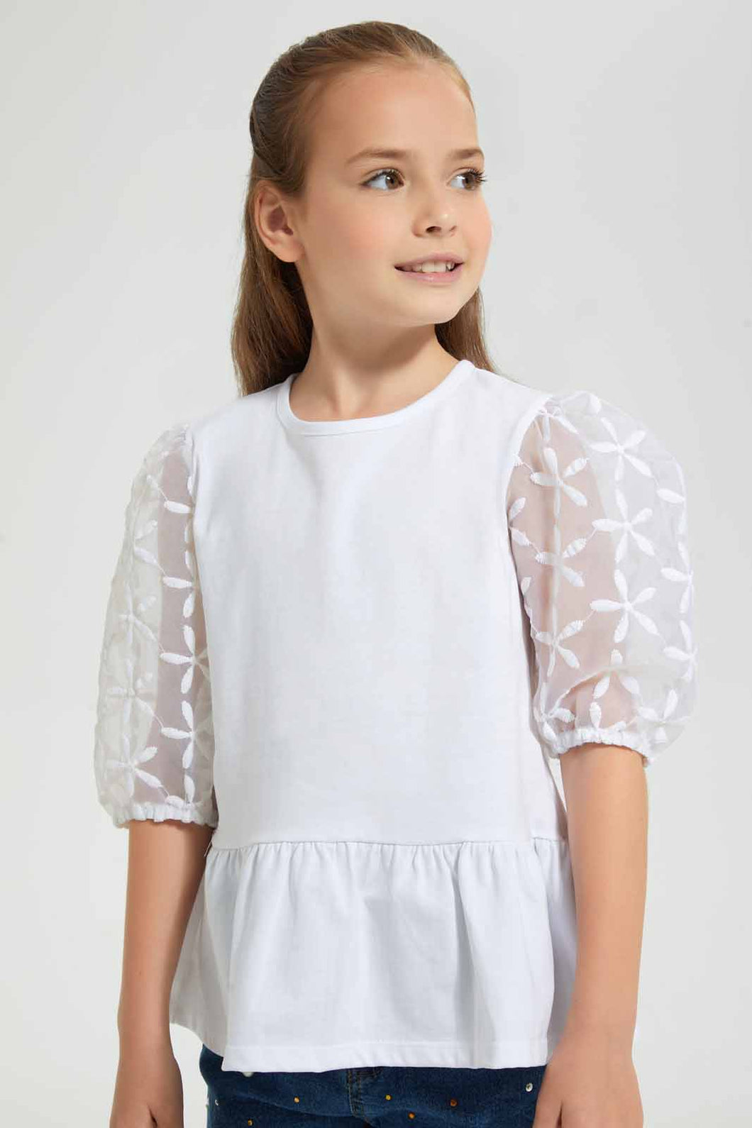 Redtag-White-Lace-Sleeve-Blouse-Blouses-Girls-2 to 8 Years