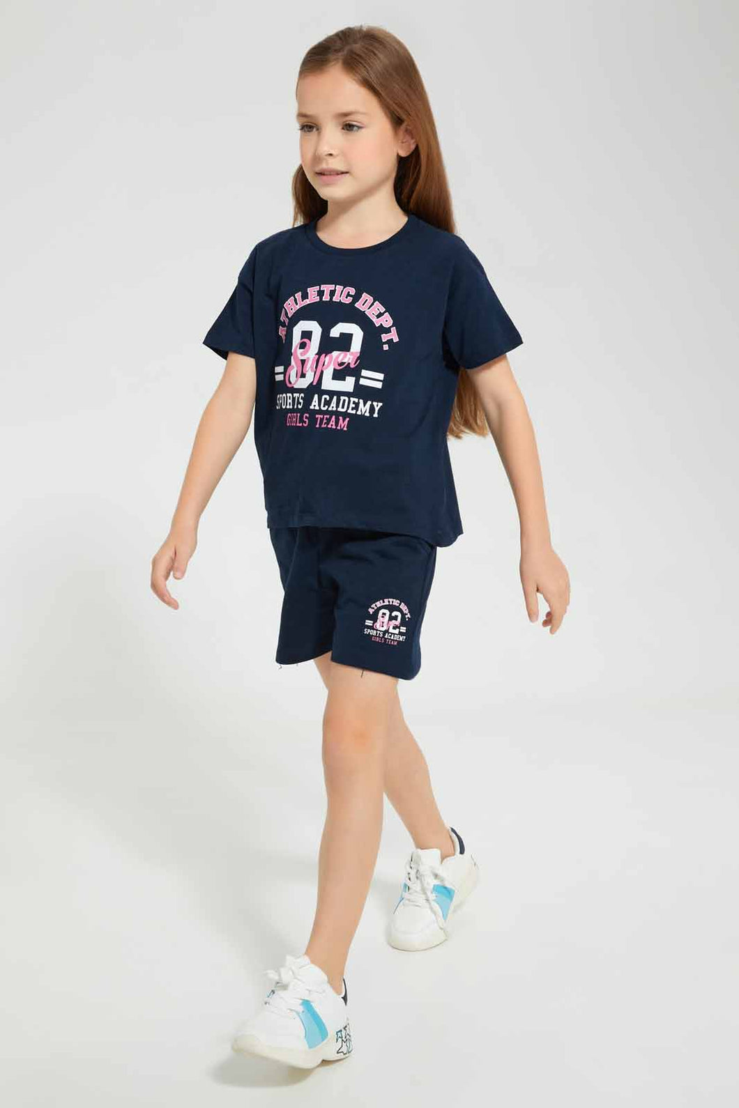 Redtag-Navy-Chest-Placement-Print-Set-Sets-Girls-2 to 8 Years