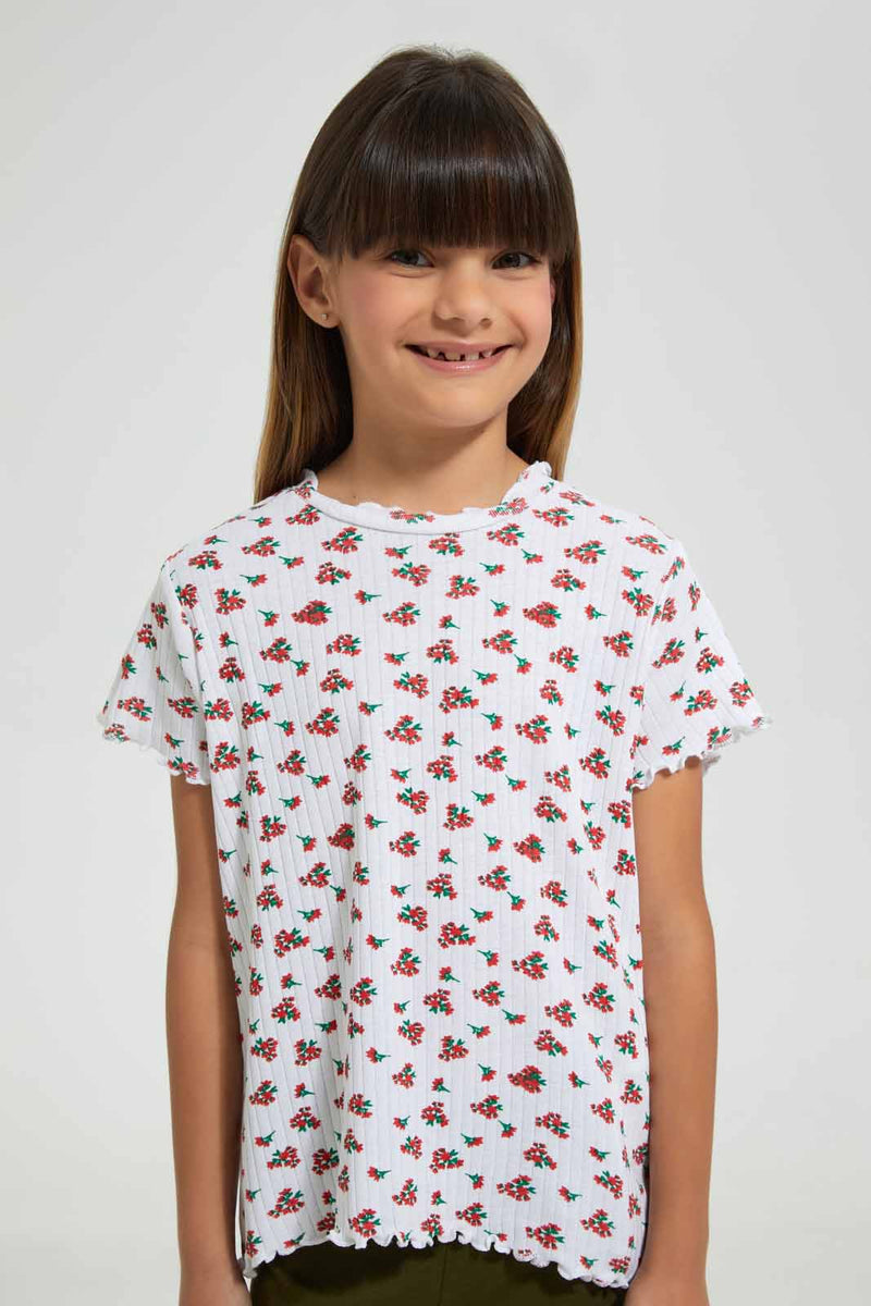 Redtag-White--Girls-Aop-T-Shirt-Graphic-T-Shirts-Girls-2 to 8 Years