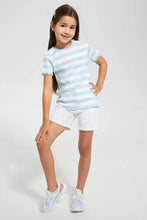 Load image into Gallery viewer, Redtag-Sky-Blue-Girls-Yarn-Dyed-Stripe-T-Shirt-Graphic-T-Shirts-Girls-2 to 8 Years
