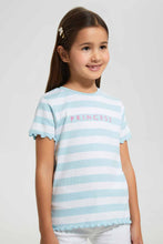 Load image into Gallery viewer, Redtag-Sky-Blue-Girls-Yarn-Dyed-Stripe-T-Shirt-Graphic-T-Shirts-Girls-2 to 8 Years
