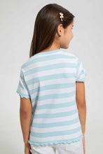 Load image into Gallery viewer, Redtag-Sky-Blue-Girls-Yarn-Dyed-Stripe-T-Shirt-Graphic-T-Shirts-Girls-2 to 8 Years
