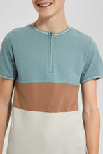 تنزيل الصورة على معرض الصور، Redtag-Blue-Color-Block-Zip-Placket-Tee-Striped-T-Shirts-Senior-Boys-9 to 14 Years
