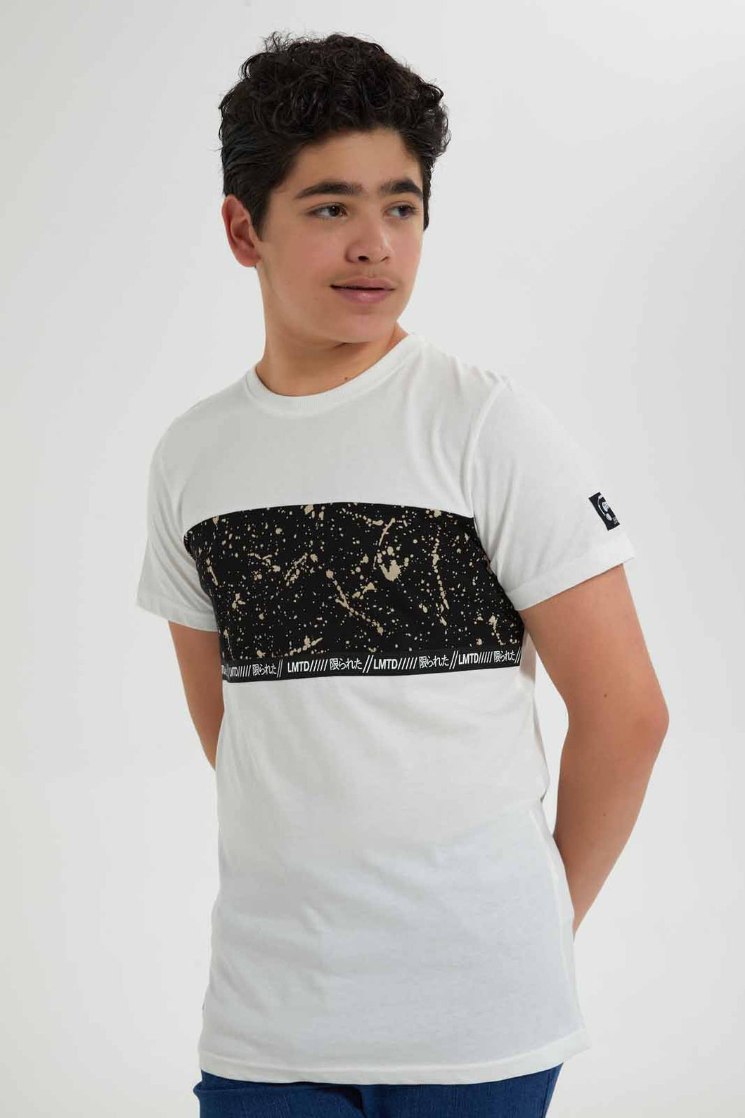 Redtag-Off-White-Marble-Cut-&-Sew-Tee-Graphic-T-Shirts-Senior-Boys-9 to 14 Years