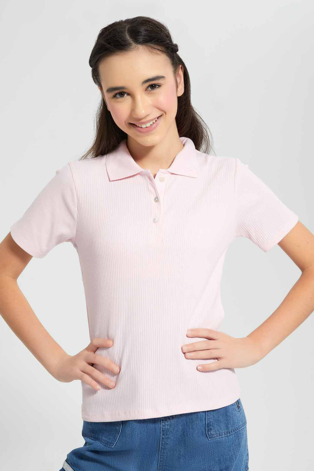Redtag-Pink-Polo-Rib-T-Shirt-Category:Blouses,-Colour:Pink,-Filter:Senior-Girls-(9-to-14-Yrs),-GSR-Blouses,-New-In,-New-In-GSR,-Non-Sale,-S22D,-Section:Kidswear,-TBL-Senior-Girls-9 to 14 Years