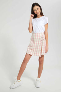 Redtag-White/Pink-Plaid-Front-Wrap-Skirt-Skirts-Senior-Girls-9 to 14 Years