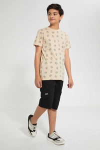 Redtag-Beige-Allover-Print-T-Shirt-Graphic-T-Shirts-Senior-Boys-9 to 14 Years