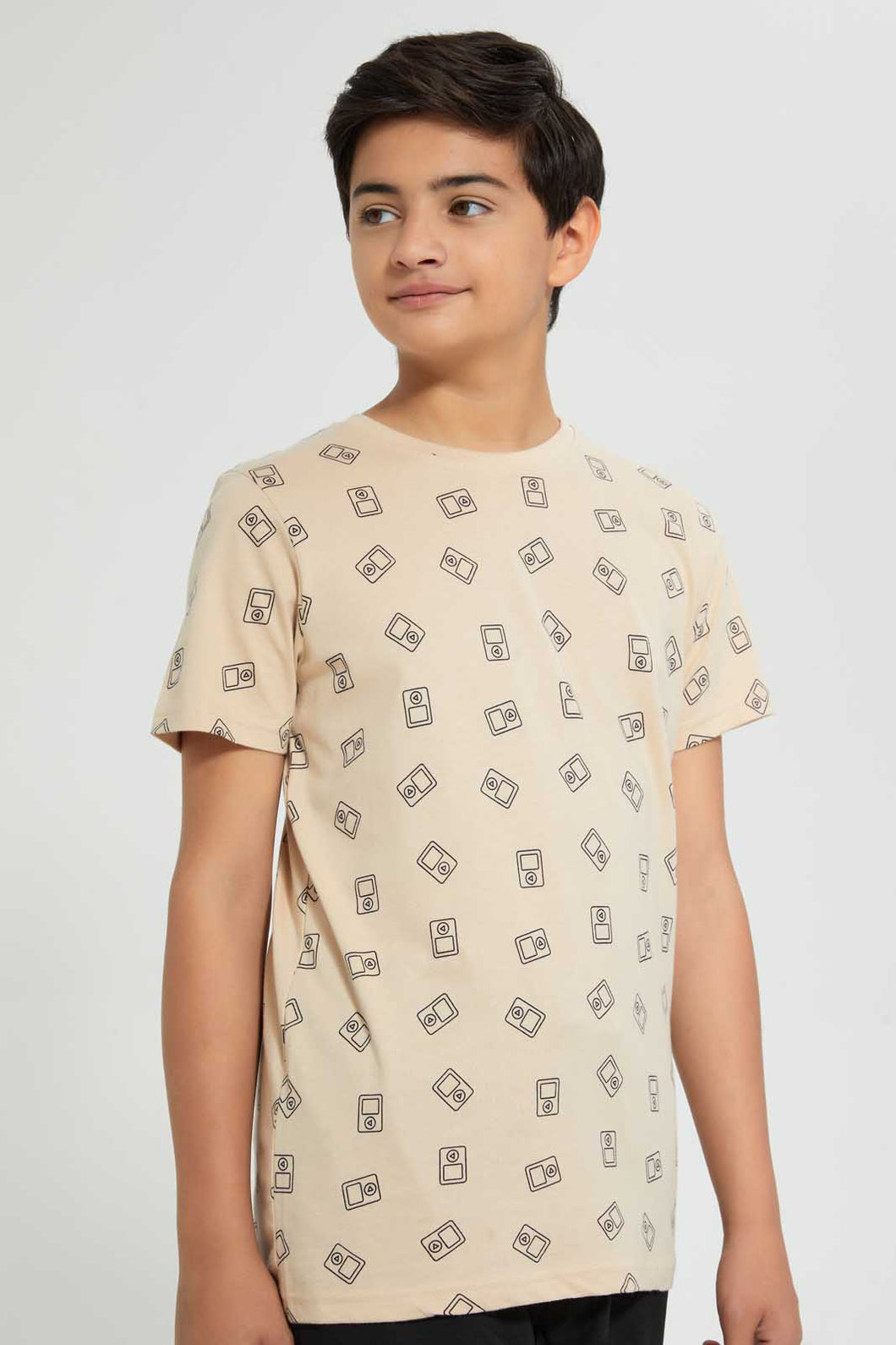 Redtag-Beige-Allover-Print-T-Shirt-Graphic-T-Shirts-Senior-Boys-9 to 14 Years