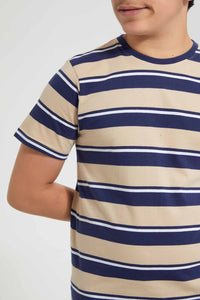 Redtag-Navy-Striped-T-Shirt-Striped-T-Shirts-Senior-Boys-9 to 14 Years