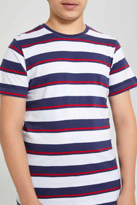 Redtag-White-Striped-T-Shirt-Striped-T-Shirts-Senior-Boys-9 to 14 Years