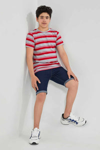 Redtag-Grey-Melange-Striped-T-Shirt-Striped-T-Shirts-Senior-Boys-9 to 14 Years