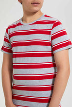 تنزيل الصورة على معرض الصور، Redtag-Grey-Melange-Striped-T-Shirt-Striped-T-Shirts-Senior-Boys-9 to 14 Years
