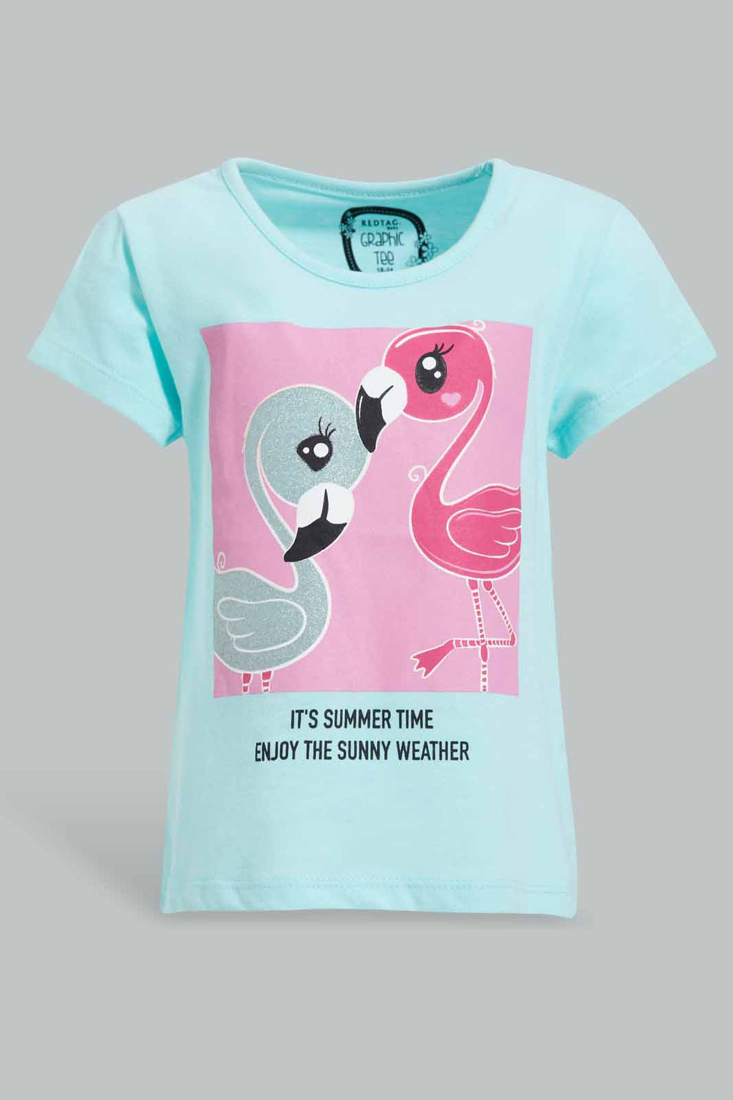 Redtag-Mint-Flamingo-Placement-Print-T-Shirt-Graphic-T-Shirts-Infant-Girls-3 to 24 Months