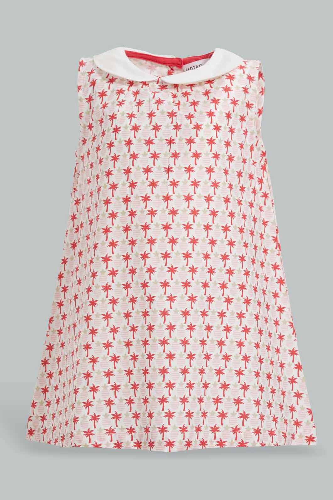 Redtag-White-Palm-Aop-Peter-Pan-Collar-Dress-Dresses-Infant-Girls-3 to 24 Months