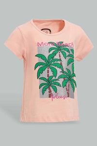 Redtag-Coral-Palm-Placement-Print-T-Shirt-Graphic-T-Shirts-Infant-Girls-3 to 24 Months