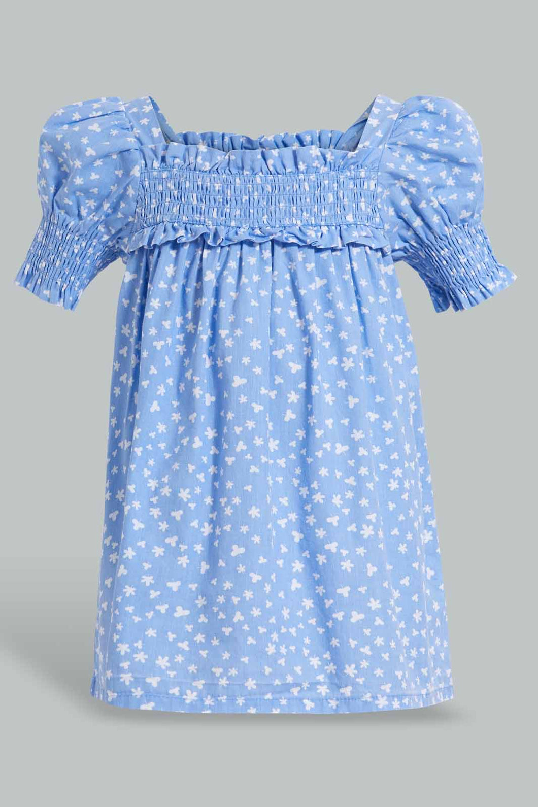 Redtag-Blue-Aop-Puff-Sleeves-Dress-Dresses-Infant-Girls-3 to 24 Months