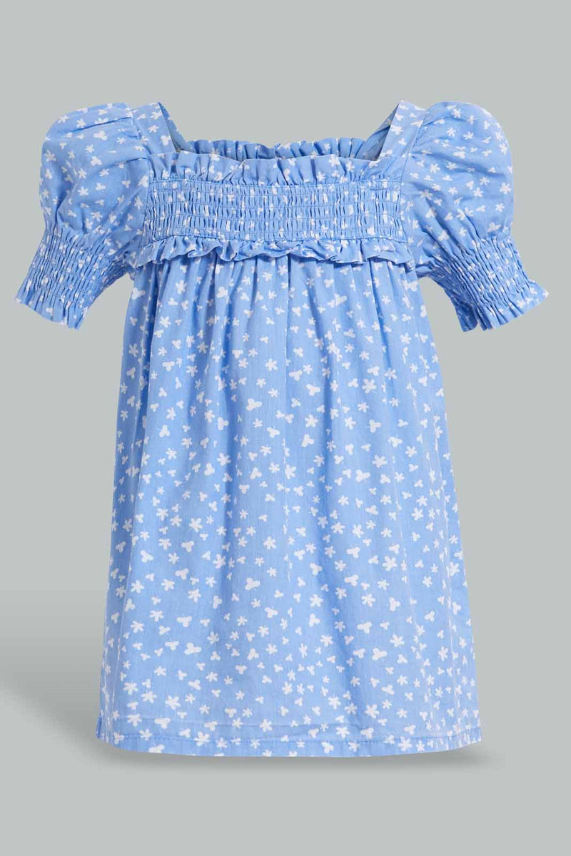 Redtag-Blue-Aop-Puff-Sleeves-Dress-Dresses-Infant-Girls-3 to 24 Months