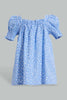 Redtag-Blue-Aop-Puff-Sleeves-Dress-Dresses-Infant-Girls-3 to 24 Months