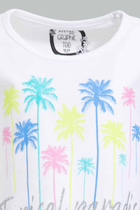 Redtag-White-Palm-Print-Placement-Print-T-Shirt-Graphic-T-Shirts-Infant-Girls-3 to 24 Months