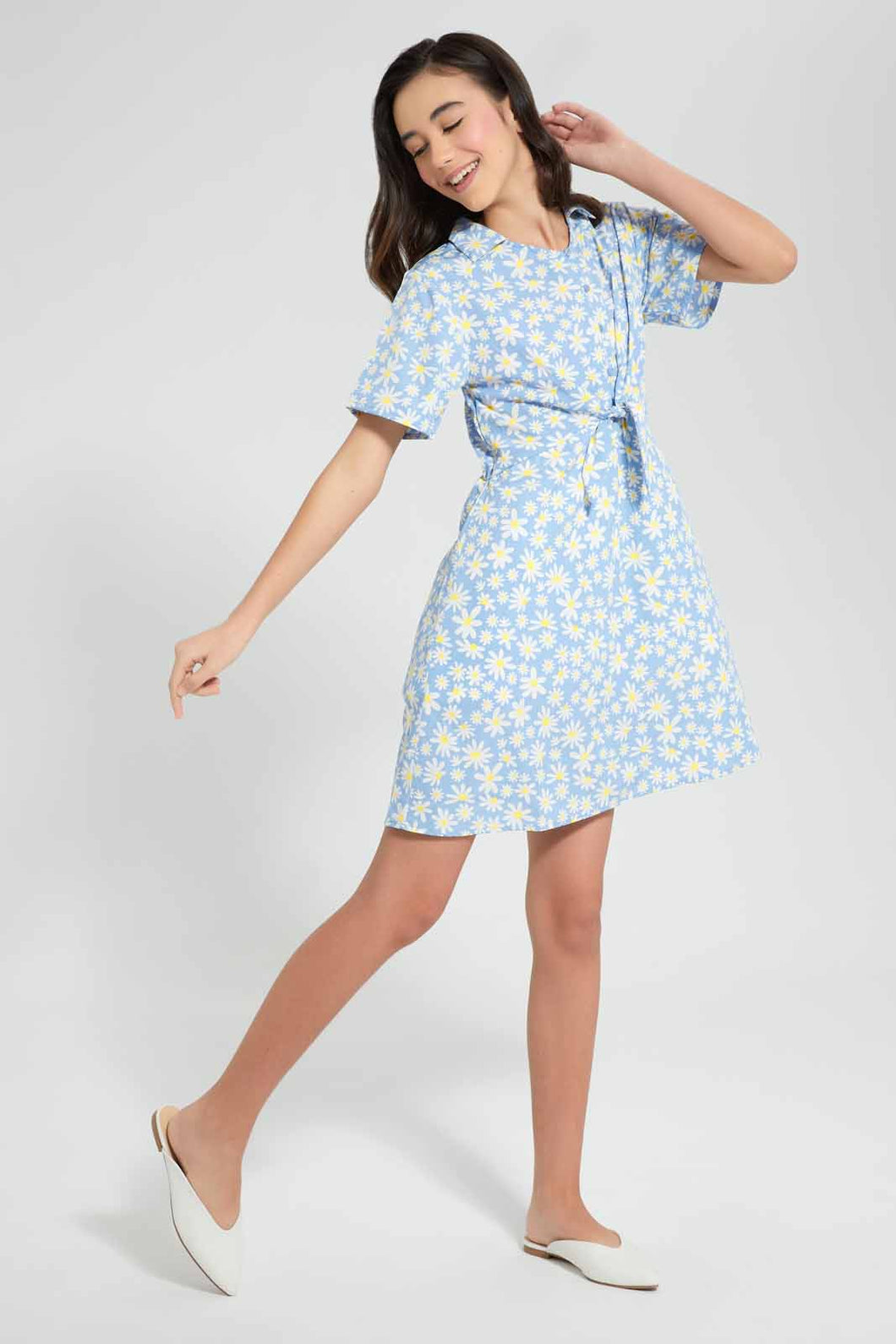 Redtag-Blue/Yellow-Front-Tie-Dress-Category:Dresses,-Colour:Assorted,-Filter:Senior-Girls-(9-to-14-Yrs),-GSR-Dresses,-New-In,-New-In-GSR,-Non-Sale,-S22D,-Section:Kidswear-Senior-Girls-9 to 14 Years