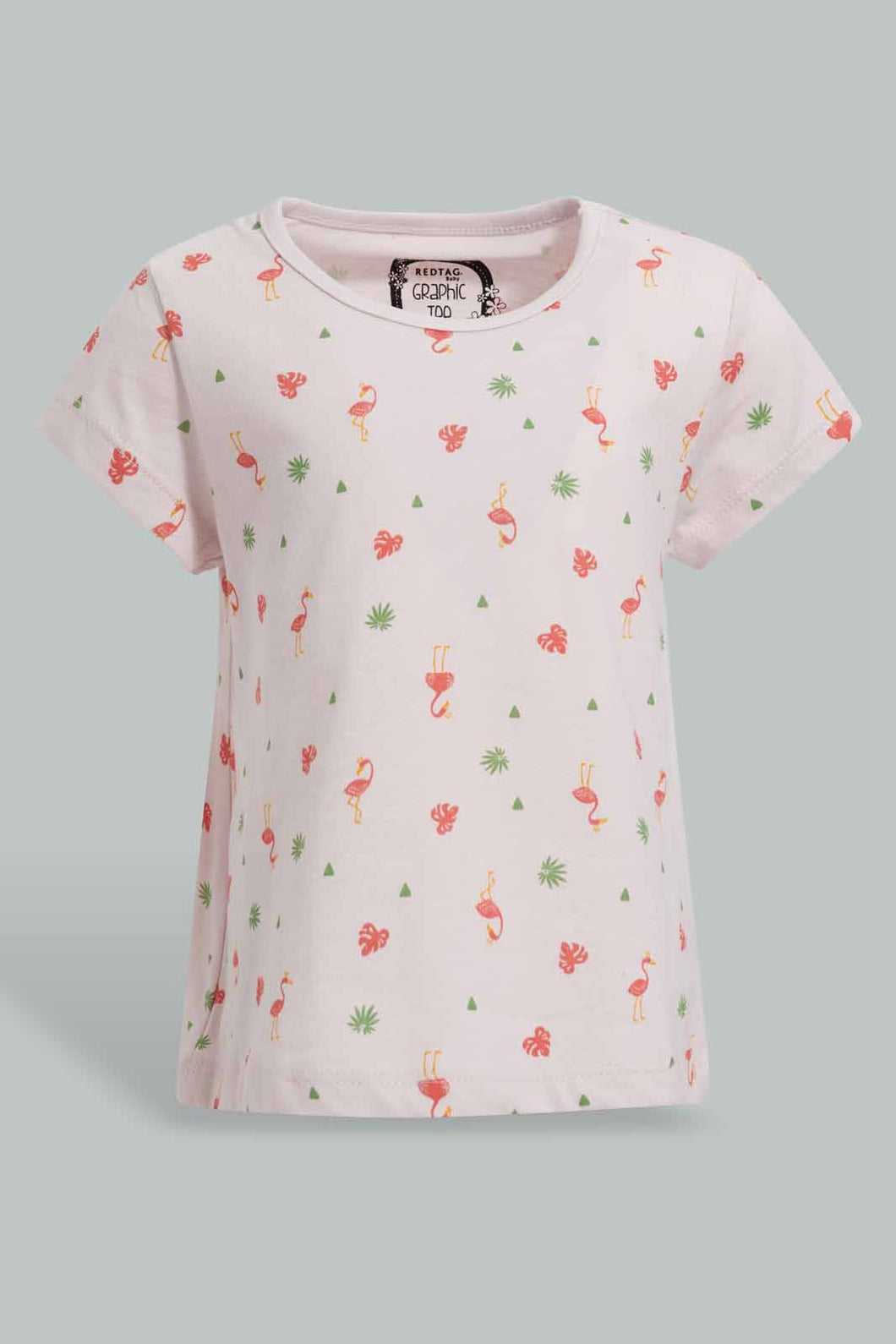 Redtag-Pink-Flamingo-Aop-T-Shirt-All-Over-Prints-T-Shirts-Infant-Girls-3 to 24 Months