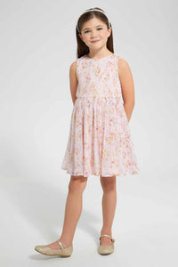 Redtag-Peach-Pleated-Floral-Dress-Dresses-Girls-2 to 8 Years