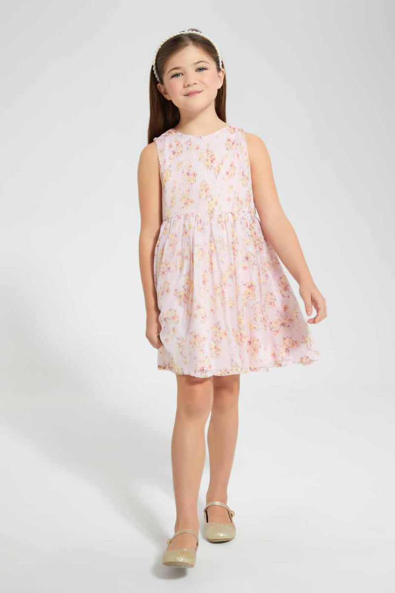 Redtag-Peach-Pleated-Floral-Dress-Dresses-Girls-2 to 8 Years