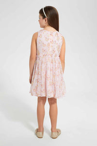 Redtag-Peach-Pleated-Floral-Dress-Dresses-Girls-2 to 8 Years