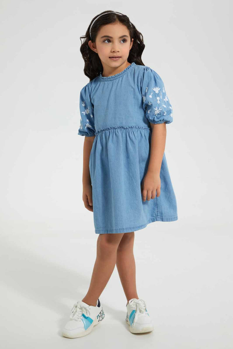 Redtag-Blue-Embroidered-Denim-Dress-Dresses-Girls-2 to 8 Years