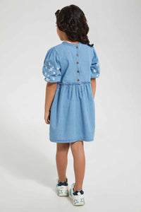 Redtag-Blue-Embroidered-Denim-Dress-Dresses-Girls-2 to 8 Years