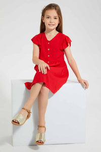 Redtag-Red-Button-Down-Dress-Dresses-Girls-2 to 8 Years
