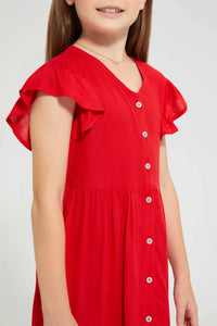 Redtag-Red-Button-Down-Dress-Dresses-Girls-2 to 8 Years