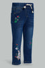 Redtag-Darkwash-Embroidered-Pullon-Denim-Jogger-Jeans-Jogger-Fit-Infant-Girls-3 to 24 Months