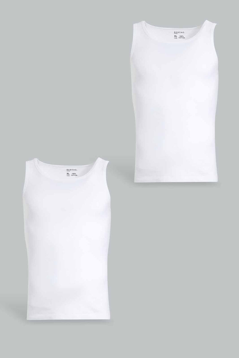 Redtag-White-2-Pcs-Pack-Sleeveless-Vest-Basic-Vests-Senior-Boys-9 to 14 Years