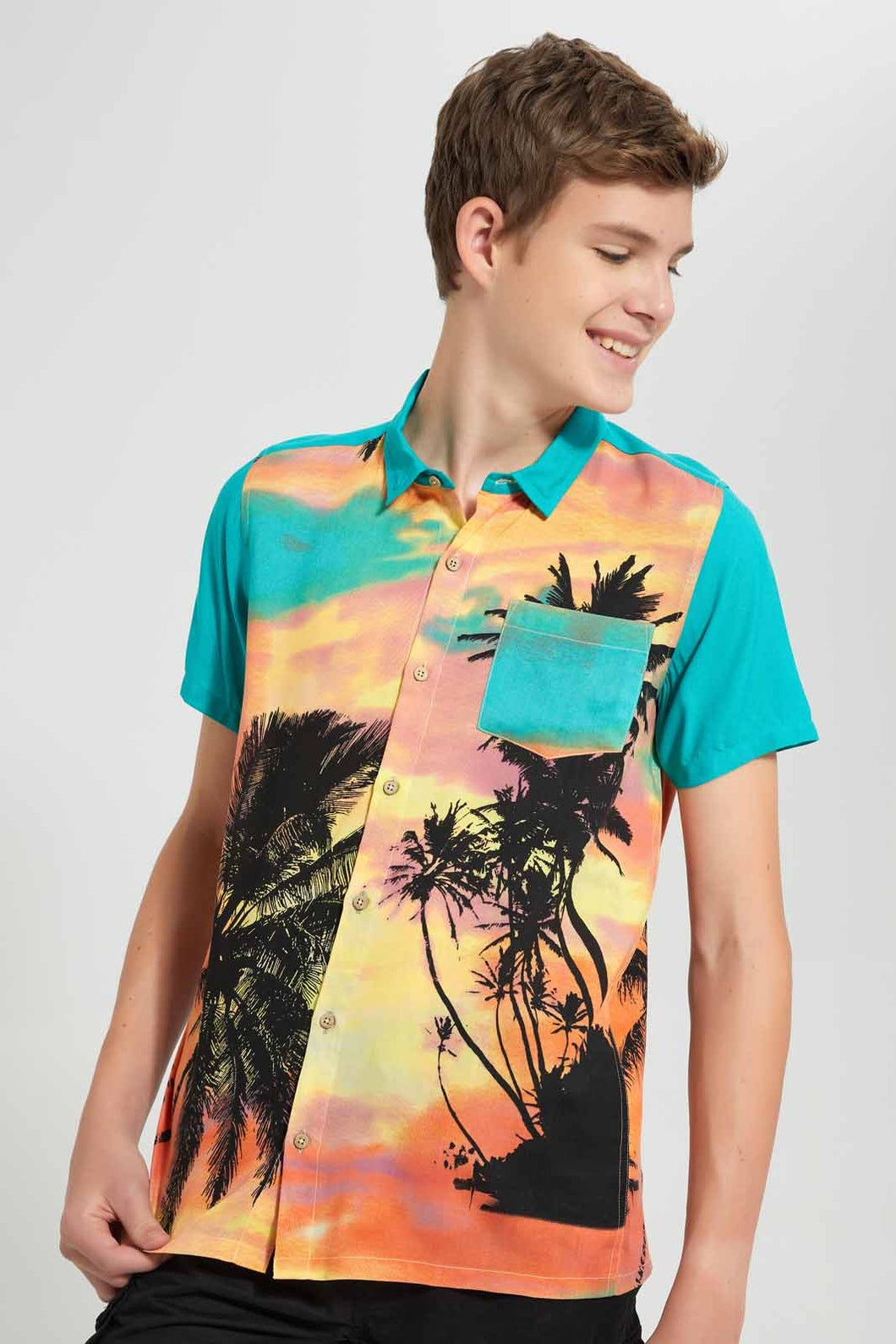 Redtag-Green-Palm-Tree-Aop-Shirt-Casual-Shirts-Senior-Boys-9 to 14 Years