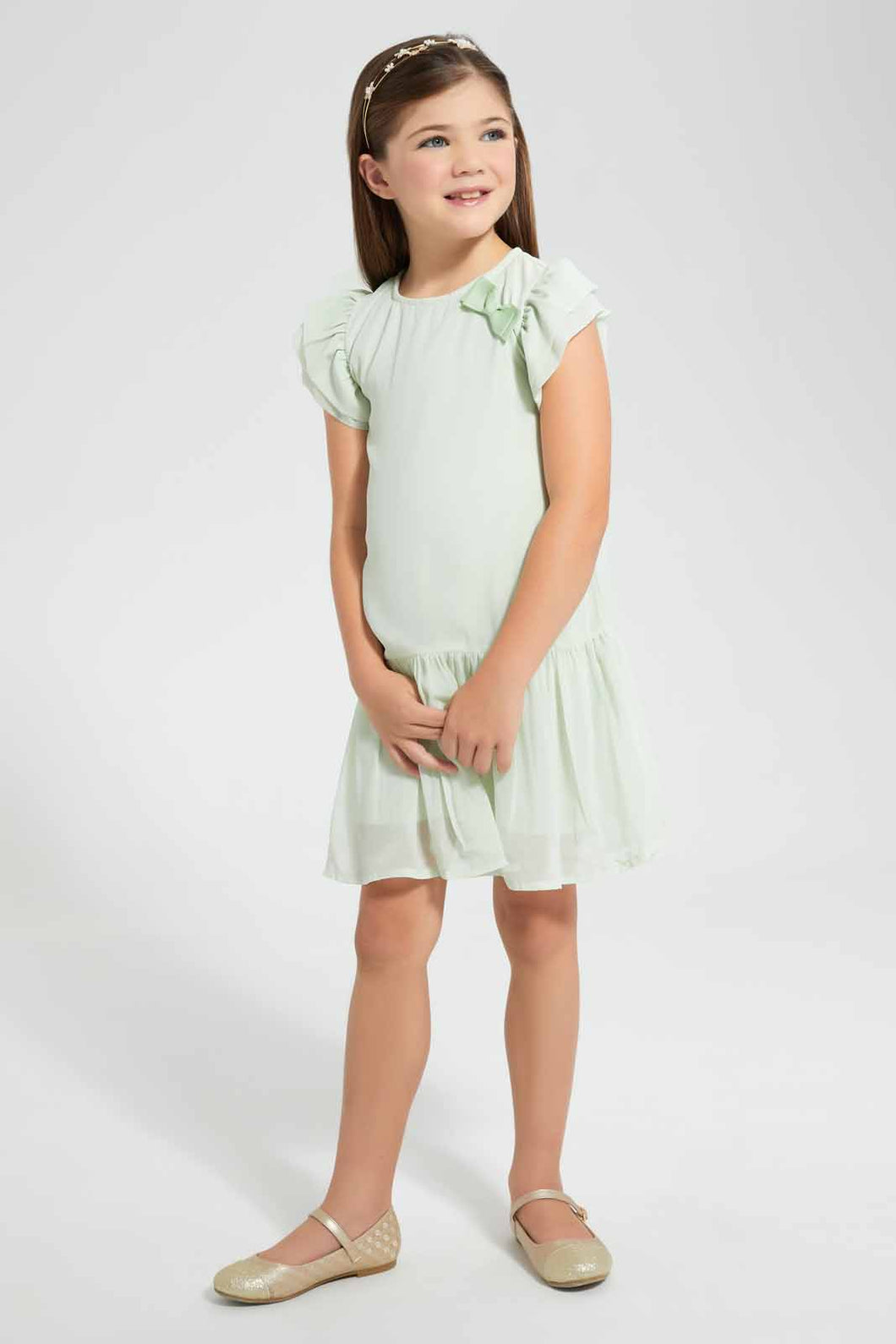 Redtag-Mint-Gathers-Collared-Shift-Dress-Dresses-Girls-2 to 8 Years