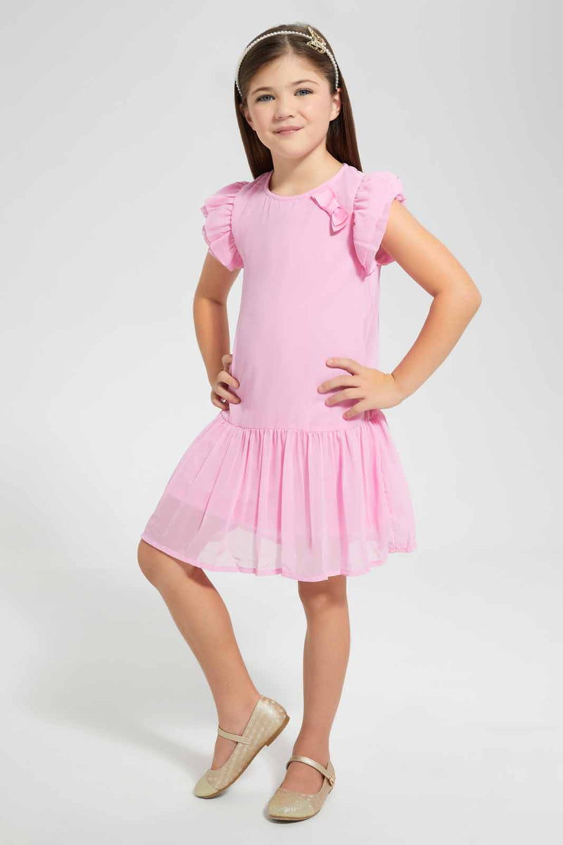 Redtag-Pink-Gathers-Collared-Shift-Dress-Dresses-Girls-2 to 8 Years